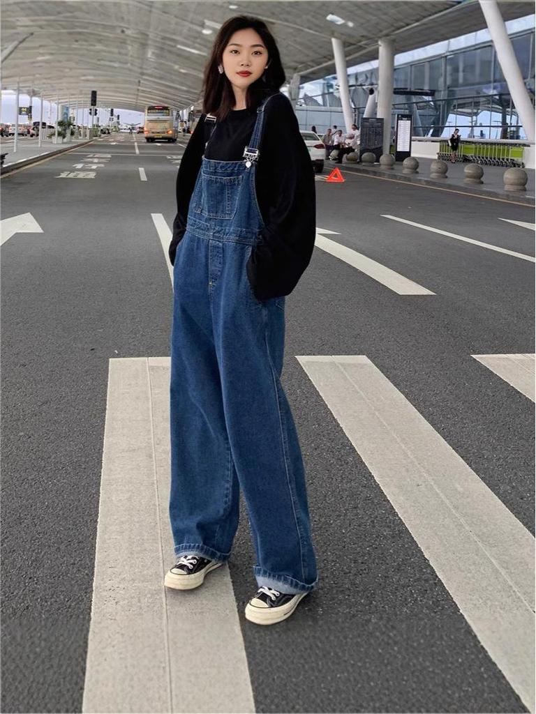 Women's Retro Denim Wide-Leg Overalls – High Waist, Floor Length, Korean Style Jumpsuit for Spring/Autumn