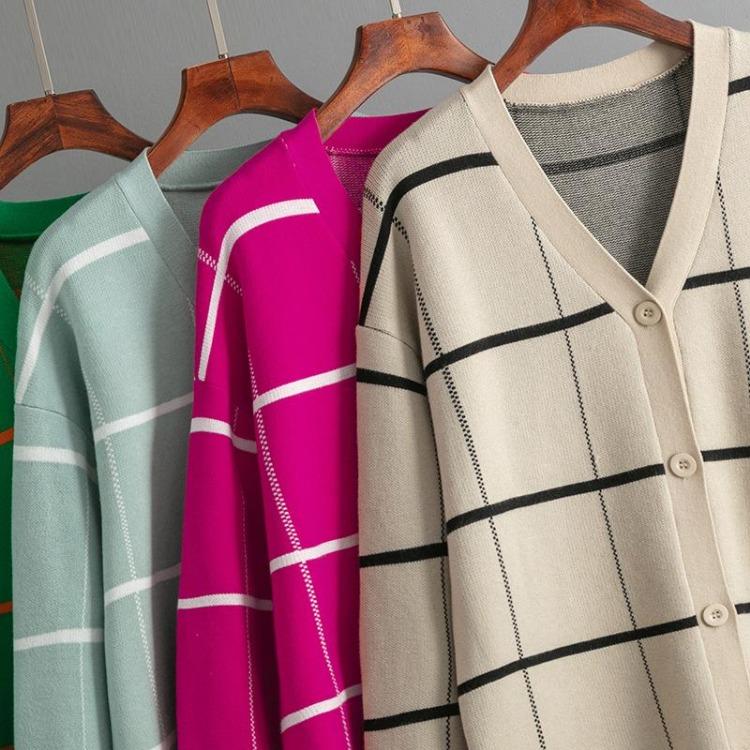 Autumn Winter Women Jacquard Sweater Loose Knit Coat V Neck Long Patterned