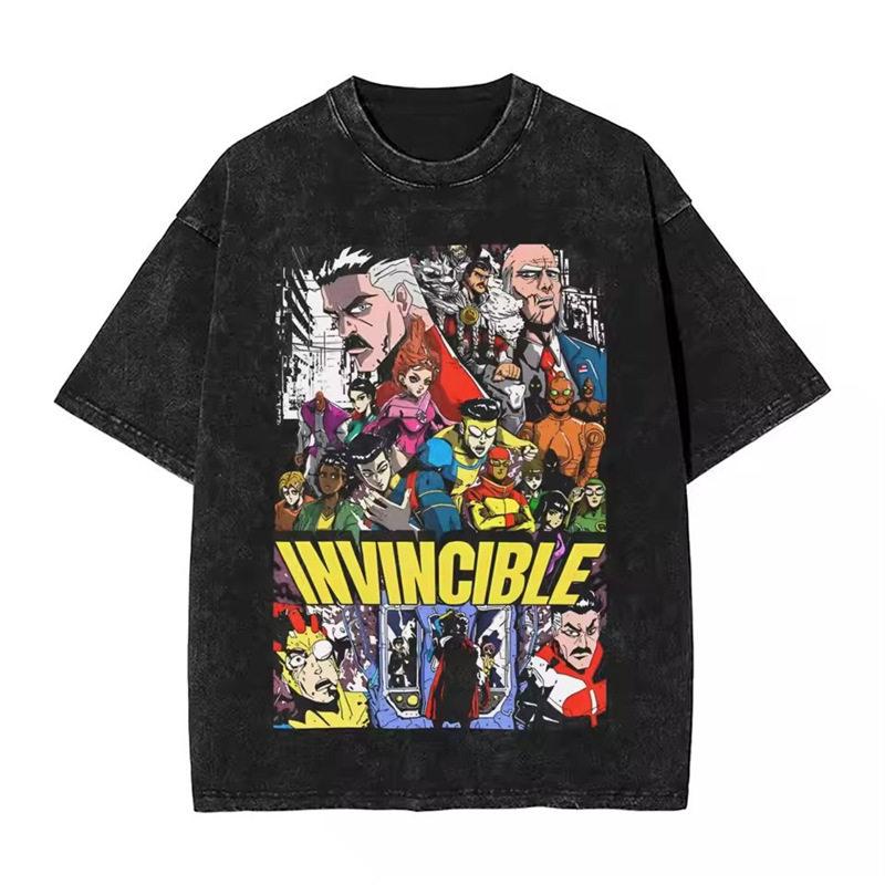 Summer Invincible Animation Mark Washed Vintage Tshirt Loose Fit Unisexs And Unisexs Trendy Printed Couple Short Sleeve Shirt