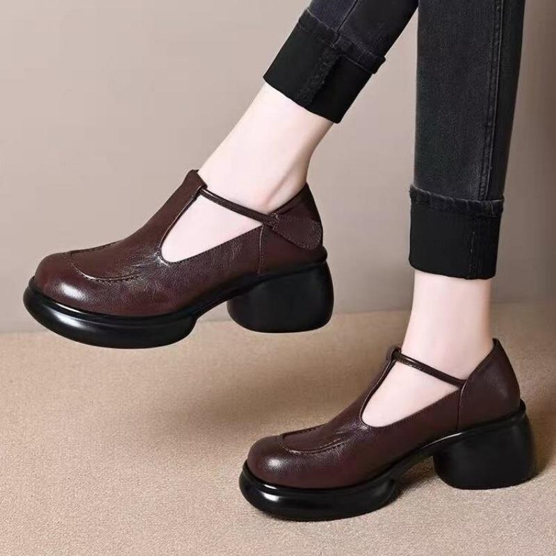Autumn New High-heeled T-buckle Mary Jane Small Leather Shoes Women's Thick-heeled Thick-soled Casual Versatile Light-mouth Single Shoes