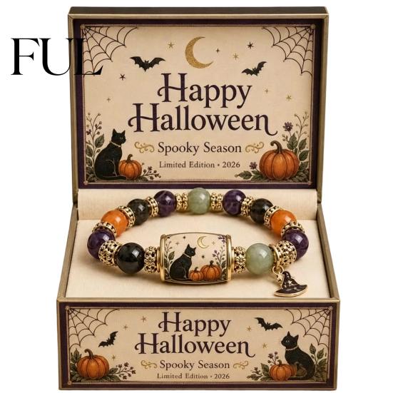 Stackable Charm Bracelet Halloween Stretch Beaded with Gift Box, Black Cat Pumpkin Ghost Spooky Theme Party Accessory Crow Witch Hat/Moon Charm,