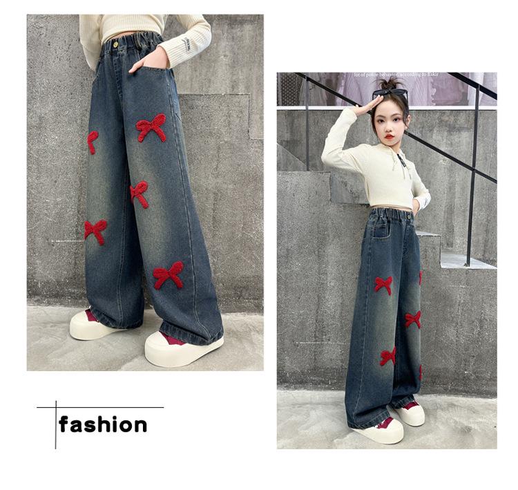 Girls' Chenille Bow Embroidered Fleece-lined Wide-leg Jeans - Stylish Autumn/Winter Slimming Pants