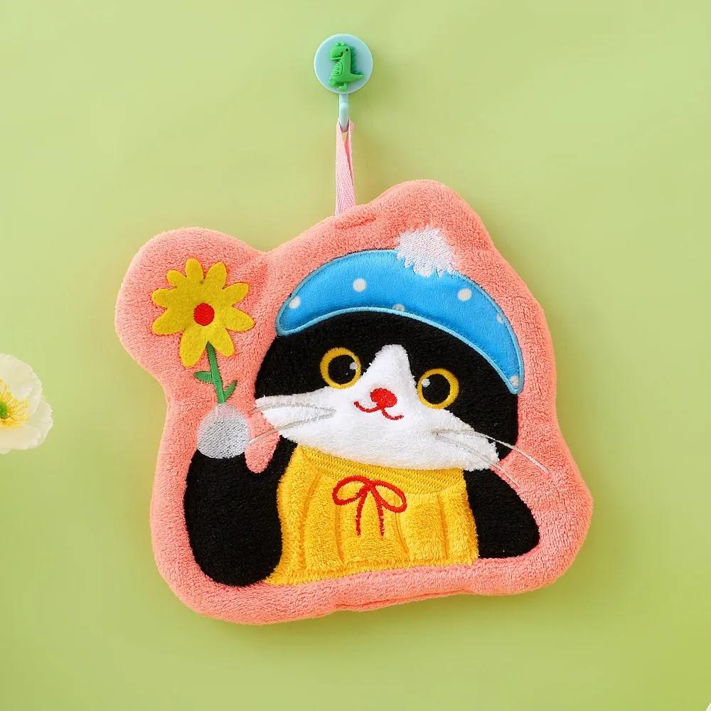 Durable Cute Cat Hand Towel Soft Coral Fleece Bathroom Kerchief Hanging Style Thickened Washcloth