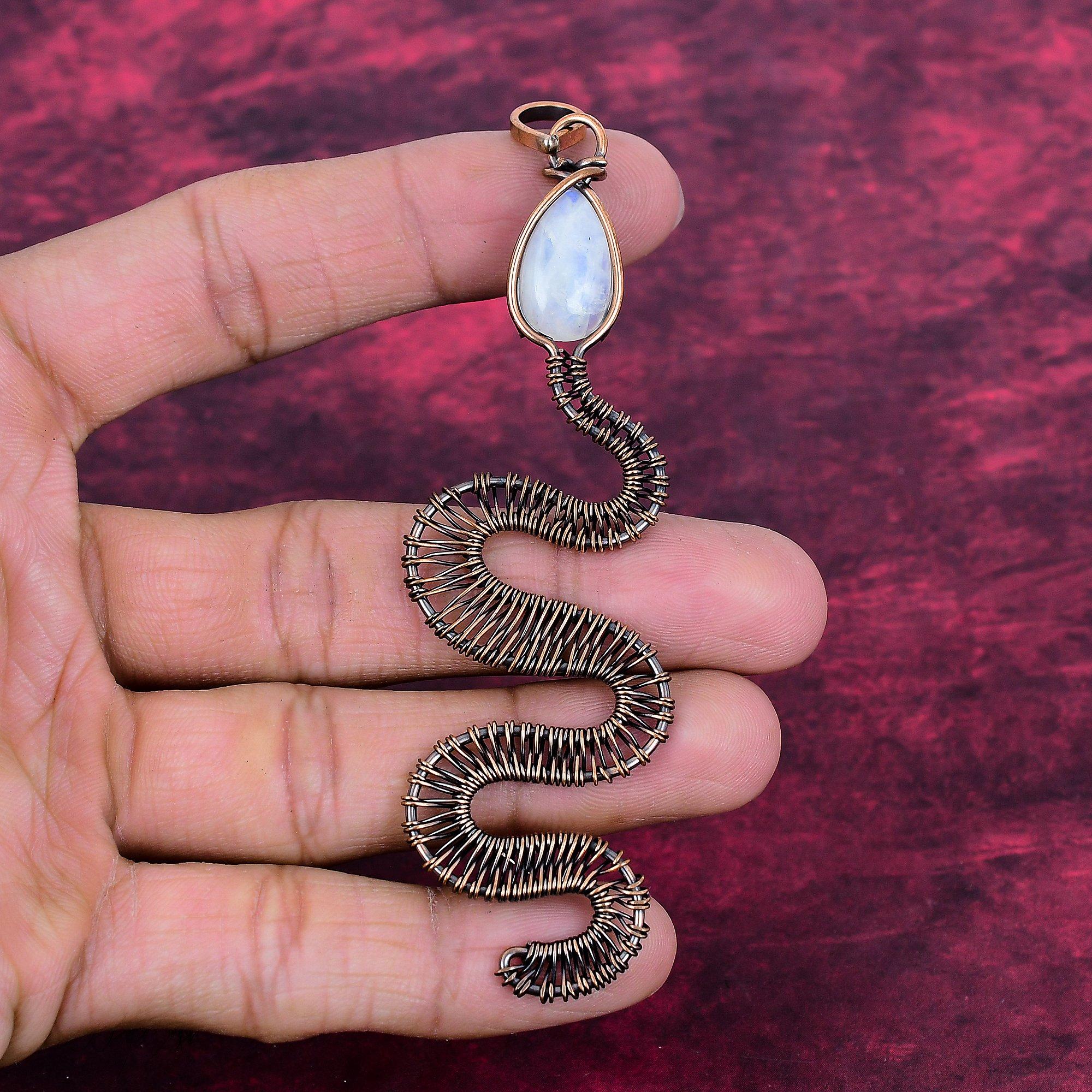 Rainbow Moonstone Gemstone Pendant Copper Wire Wrap Unique Jewelry Snake Pendant