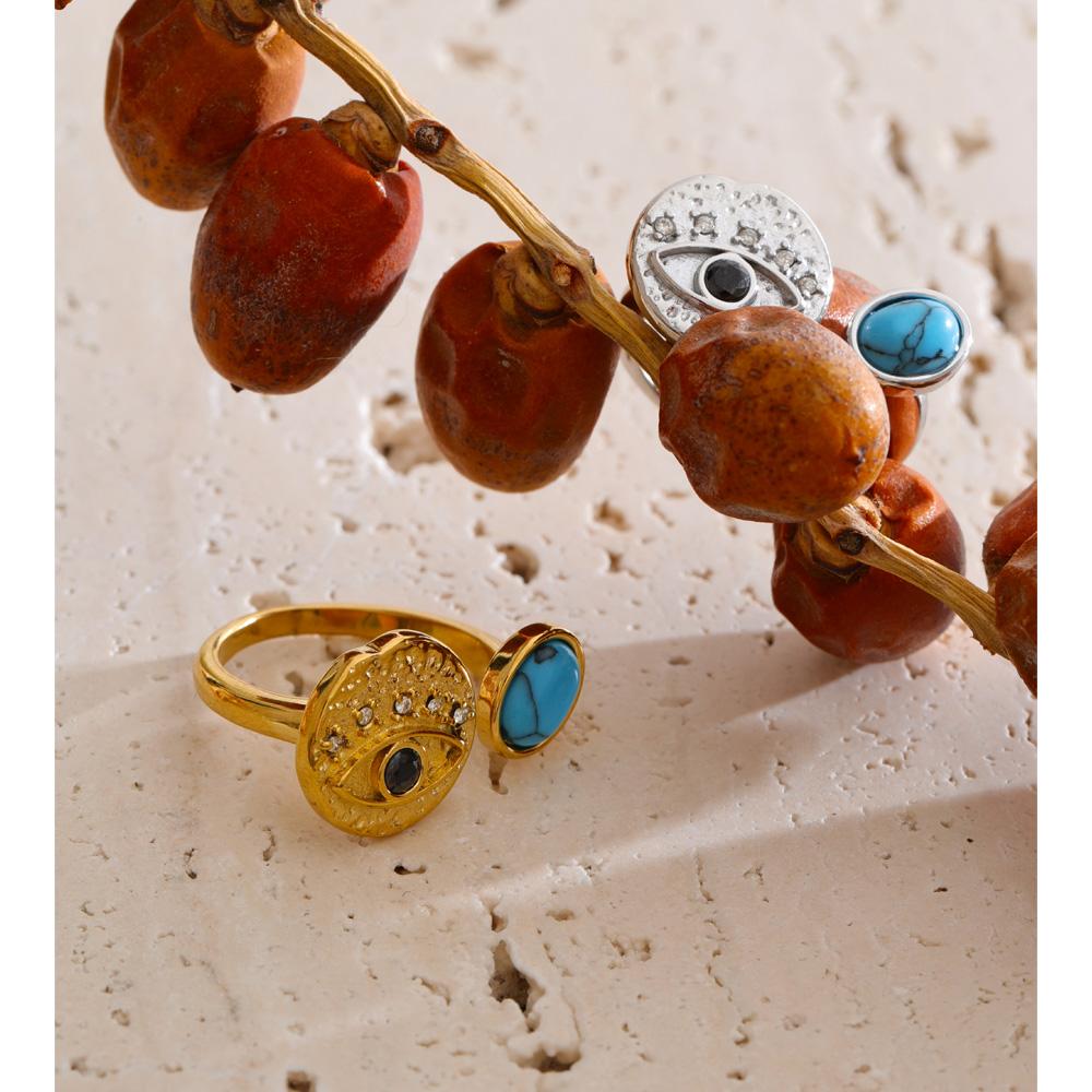 Yhpup 2026 New Arrivals Turquoise Zircon Eye Adjustable Ring PVD Plated Stainless Steel Vintage Stylish Unique Daily Jewelry