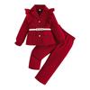 Autumn Winter New Girls' Long Sleeve + White Belt Top Ruffled Blazer Long Pants Three-Piece Set