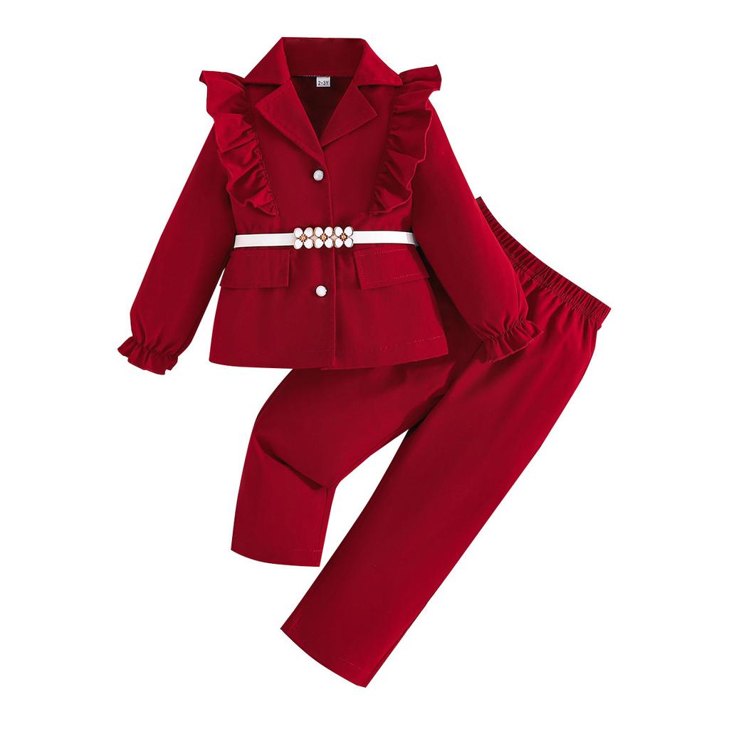 Autumn Winter New Girls' Long Sleeve + White Belt Top Ruffled Blazer Long Pants Three-Piece Set