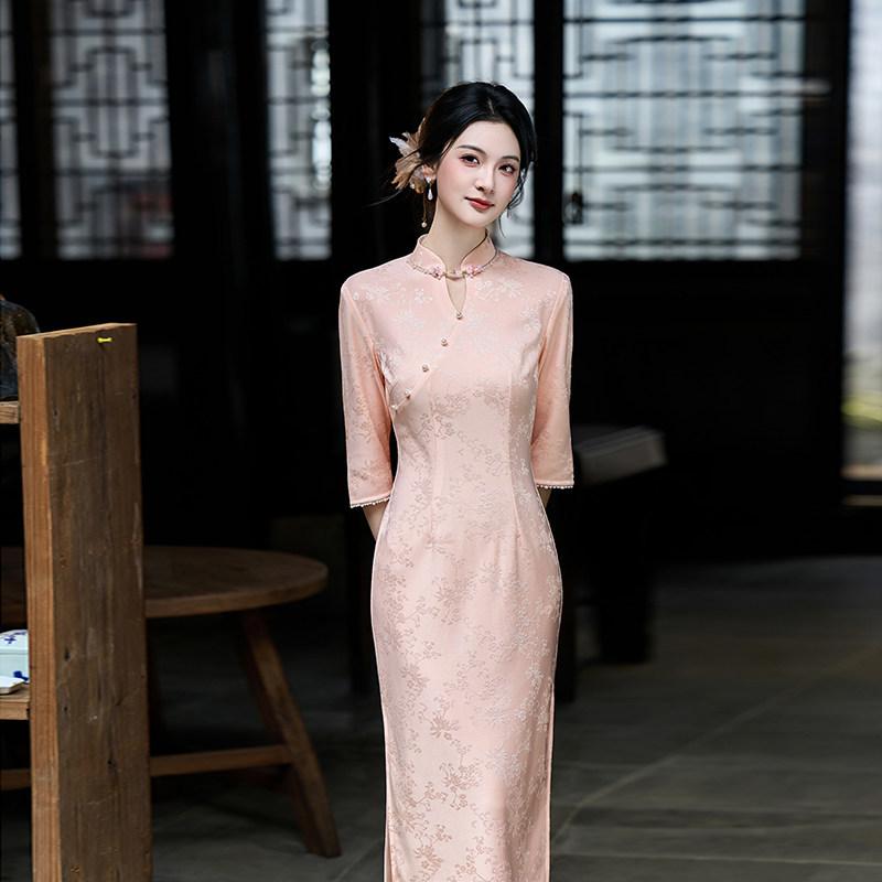 Pink National Style New Chinese Style Suzhou Improved Long-sleeved Autumn Cheongsam Seven-quarter Sleeve 1011 New Young Women's Spring and Autumn