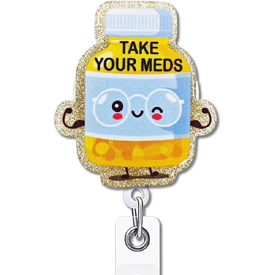 YAZMEEN Nurse Retractable Badge Reel with Alligator Clip Nurse in Progress ID Card Badge Holder for Nurse Student Funny Black Glitter Badge Reel Gift Meds Bottle