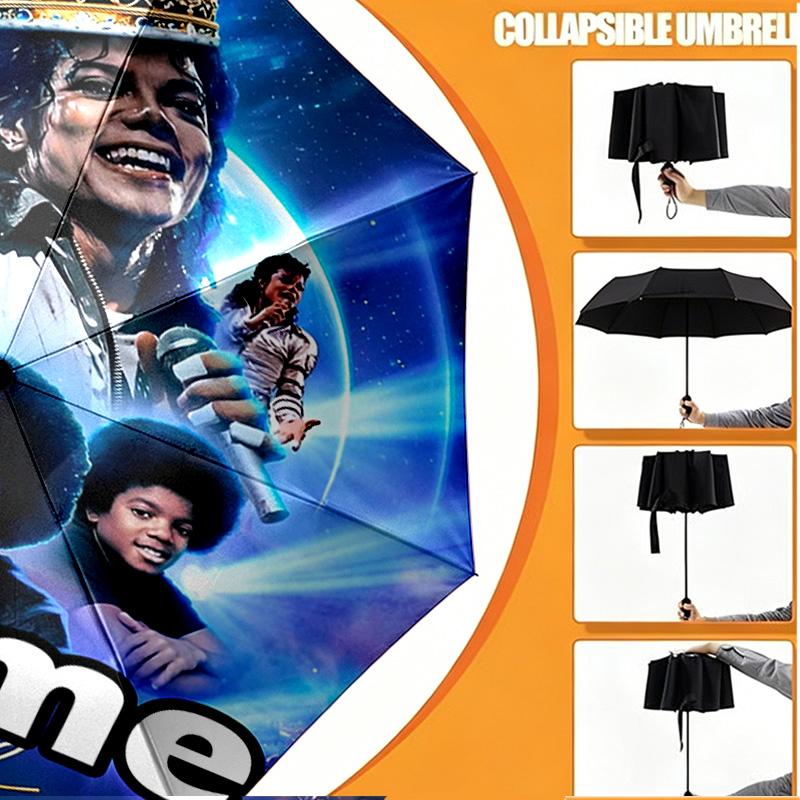 Custom Name Personalized Michael Jackson Print Umbrella, Auto Open Close, 8‑Rib Sturdy Frame, Commute Camping Hiking Use, Birthday Gift