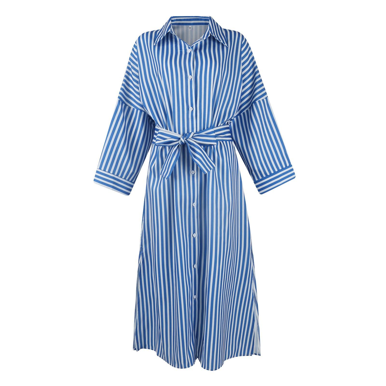 

Женская мода рукава пять точек полосатый разрез сбоку рубашки платья L синий