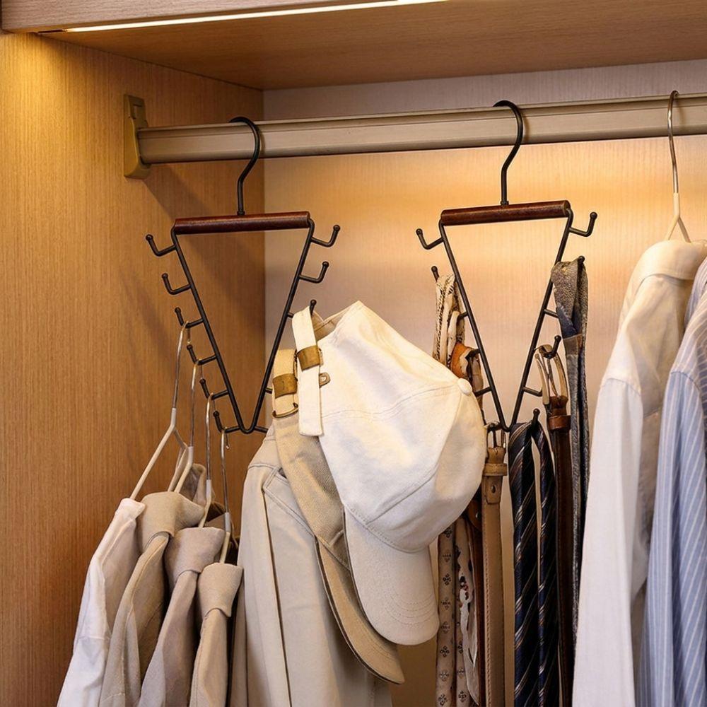 12 Hooks Clothes Storage Hangers’ Wood Handle Triangular Metal V-Shape Hook Anti-Slip Thick Hooks Dorm Storage Hanger