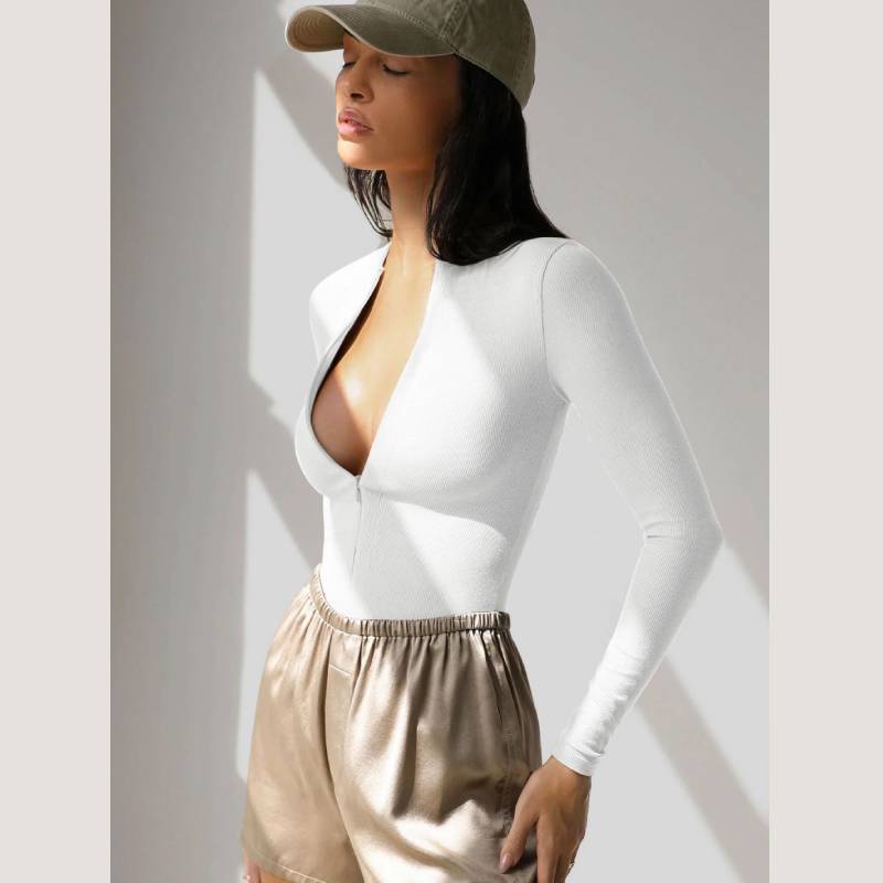 European Style Knit Bodysuit With Zipper Short Pants For Streetwear Fashion Women