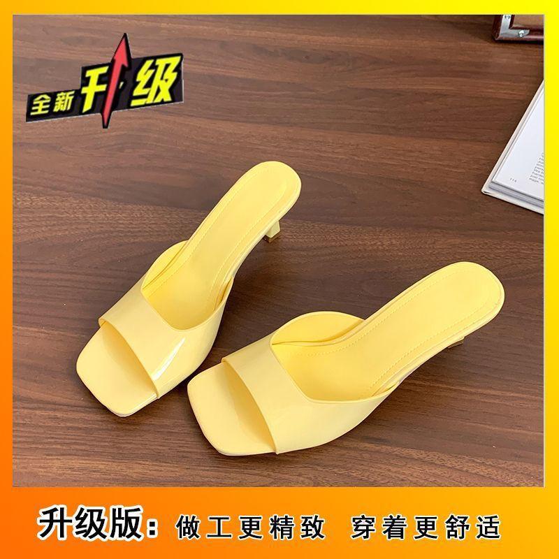 Patent Leather High-heeled Cool Slippers for Women's 2025 Summer and Autumn New Versatile Thin-heeled Square-toed Sexy One-word Slippers