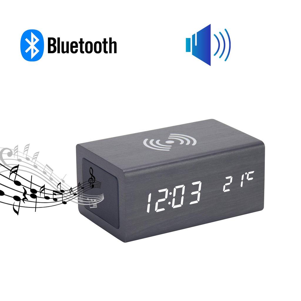 Stylish Alarm Clock with Smartphone Charging Alarm Wireless Smartphone Wood Grain Interior Japanese Instruction Manual Speaker, Thermometer, Function,