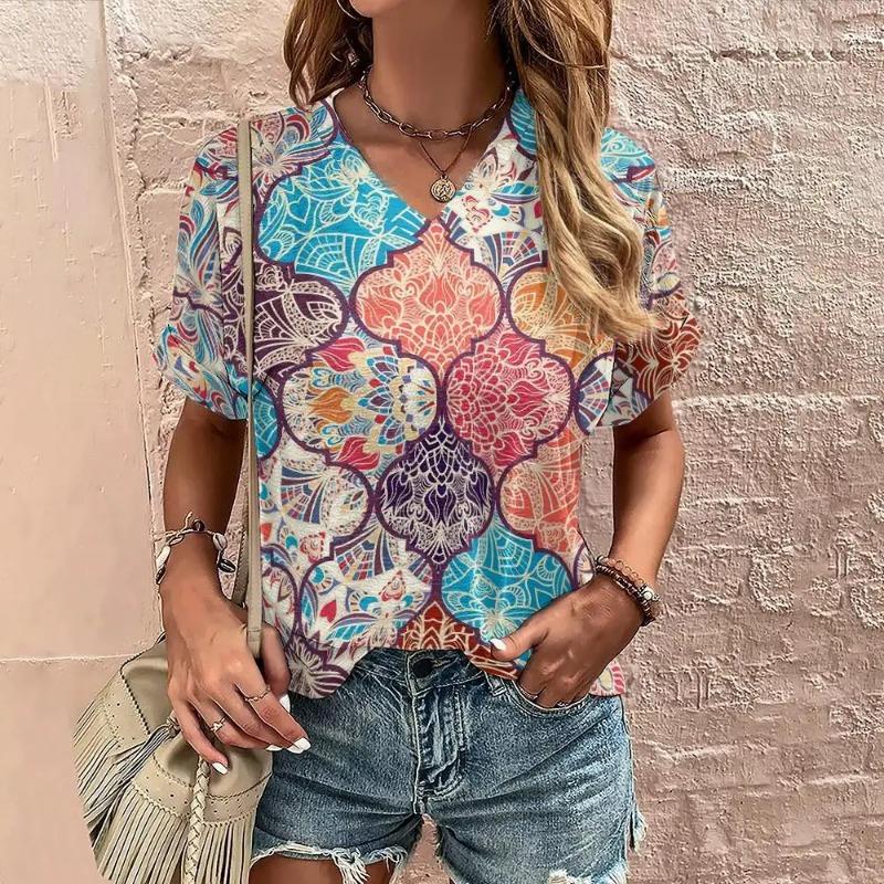 Tricou Boho Harajuku pentru damă, cu imprimeu grafic, cu mâneci scurte de vară, Topuri casual, la modă de stradă, tricou cu decolteu în V, îmbrăcăminte pentru femei, tricouri pentru femei