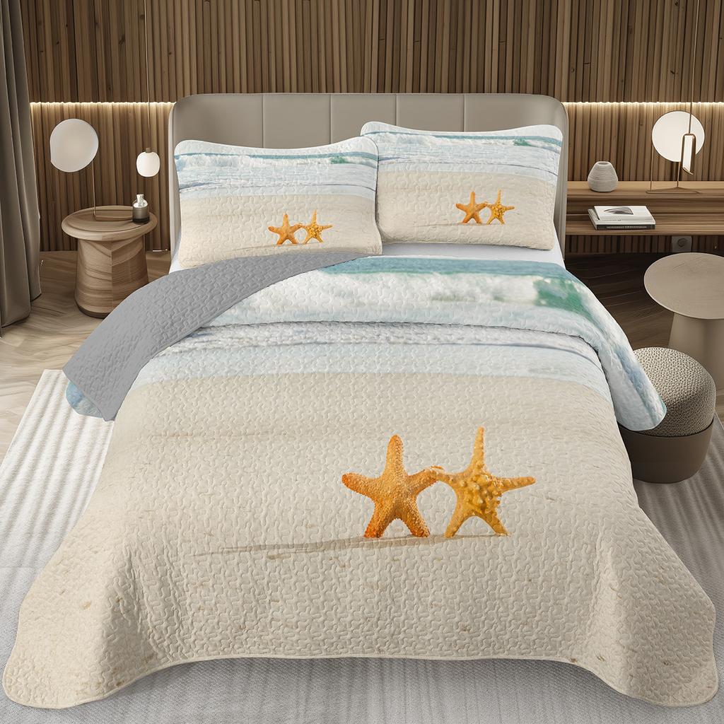 Starfish Bedspread Queen/Full Cute Ocean Creatures Quilted Coverlet 2/3 Piece Tropical Beach Theme Bedding Set for Teens Adult
