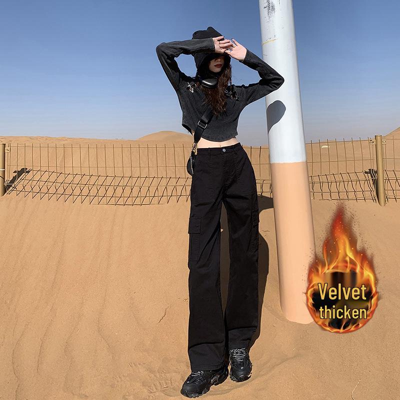 Women's Fleece-Lined High-Waisted Retro Straight-Leg Jeans with Multi-Pockets