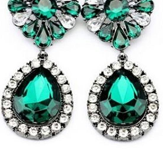 Vintage Lady Green Rhinestone Flower Teardrop Statement Dangle Stud Earrings