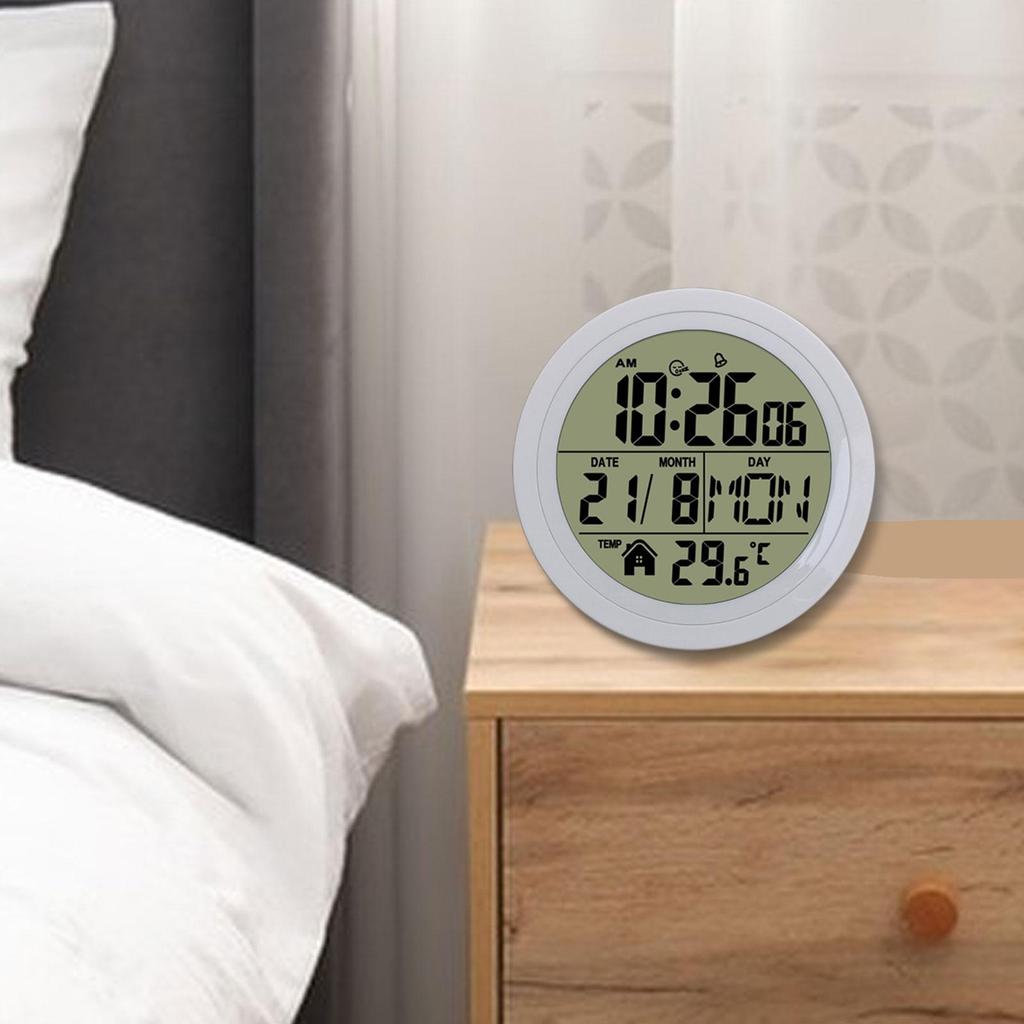 Digital Alarm Clock Round Date Week 12/24H Multipurpose Battery Operated Wall Clock for Living Room Gym Office Bedroom Hotels
