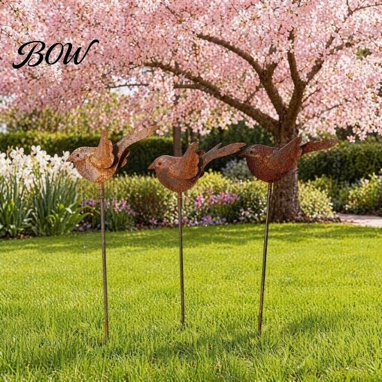 Decorative Yard Stakes 3PCS Rusty Metal Bird Ground Stake, Cute Birds Sculpture, Animals Landscaping Decor Garden Stake for Outdoor Decor, Gifts