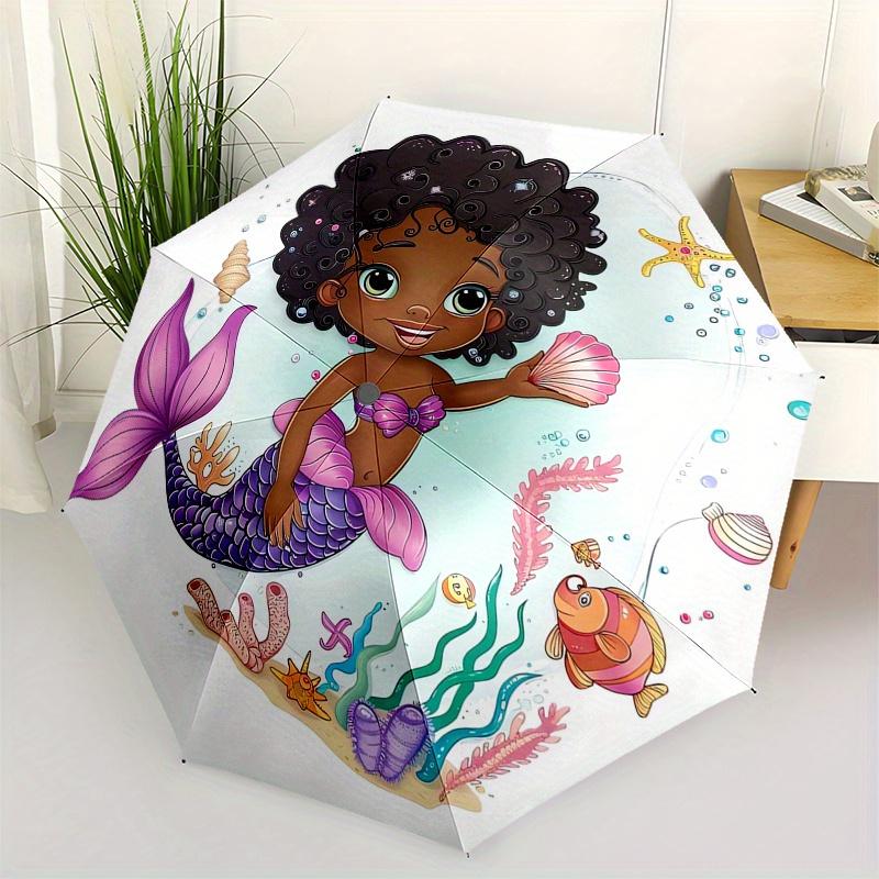 

Mermaid black princess Automatic Folding Umbrella Simple 8 Rib Design, Bright Cartoon Pattern, Durable Iron Frame, Suitable For Travel, Out
