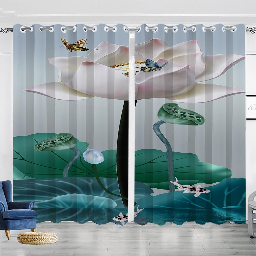 Staw Lotosowy Styl Chiński Salon Zasłony Zaciemniające Sypialnia Dekoracja Domu Zasłony Cienkie z Nadrukiem Cyfrowym Lotosu w Atramencie