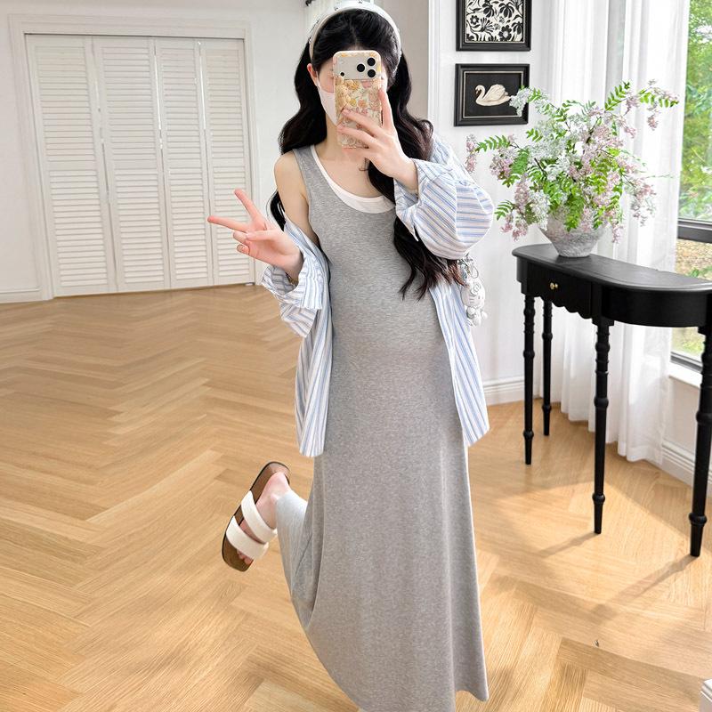 Korean Style Maternity Camisole Dress & Sun Protection Shirt Set Medium
