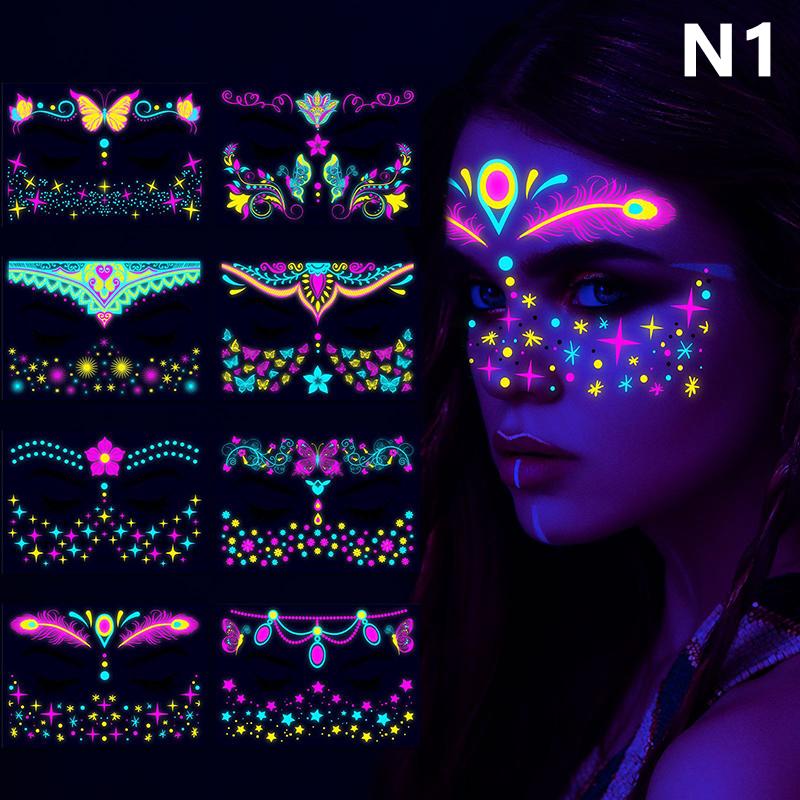 

Флуоресцентная водонепроницаемая татуировка на лице, временная наклейка на лицо для Хэллоуина, музыка, концерт, вечеринка, ночной клуб, макияж, татуировки as the picture