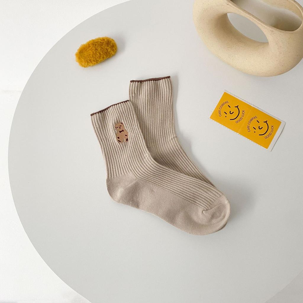 21 New Products Embroidered Bear Socks For Women, Simple And Cute College Style Socks, Casual Solid Color Medium Tube Socks Cotton.