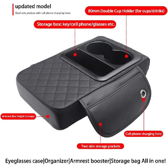 Universal Car Armrest Cushion Organizer - PU Leather Center Console Pad With Cup Holder, Phone Storage & Side Pockets, Multifunctional Armrest Cover