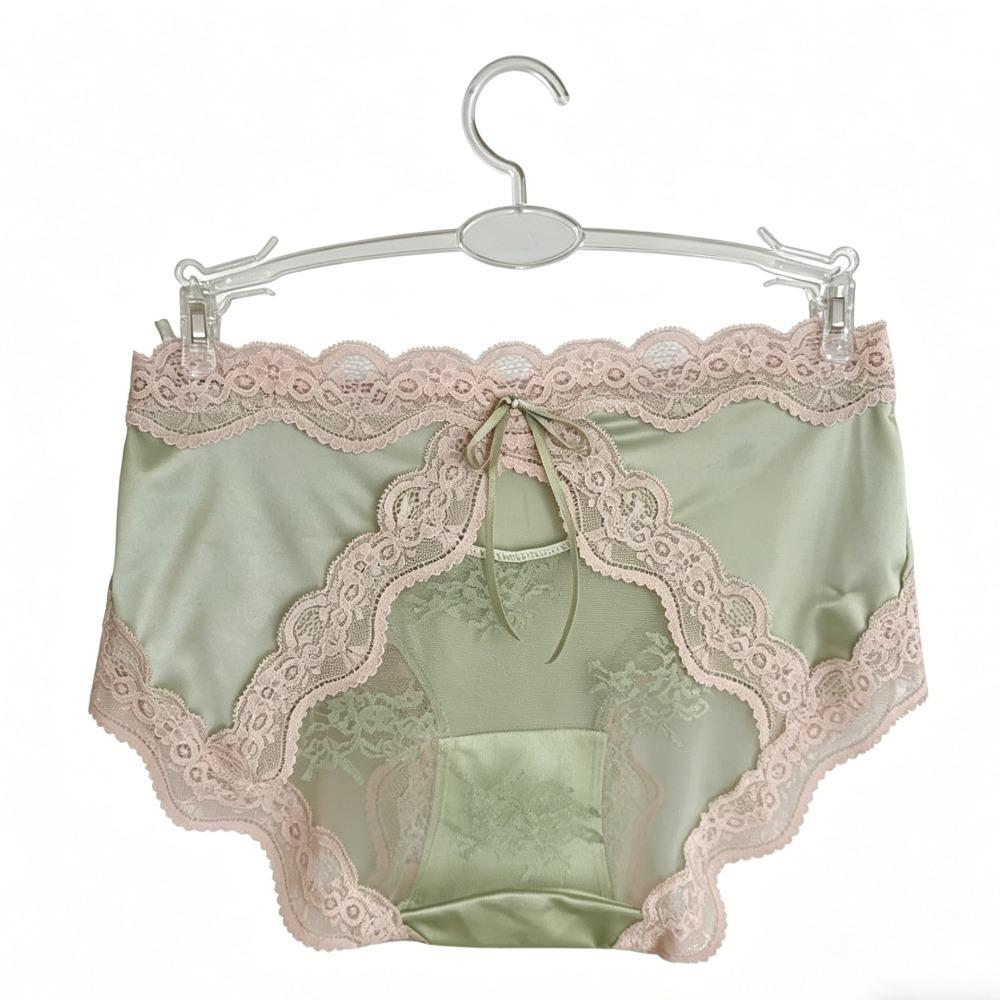 Panty Mid Waist Lace Satin Panties Mesh Sweet Bow Briefs Patchwork Invisible Underwear For Women Women