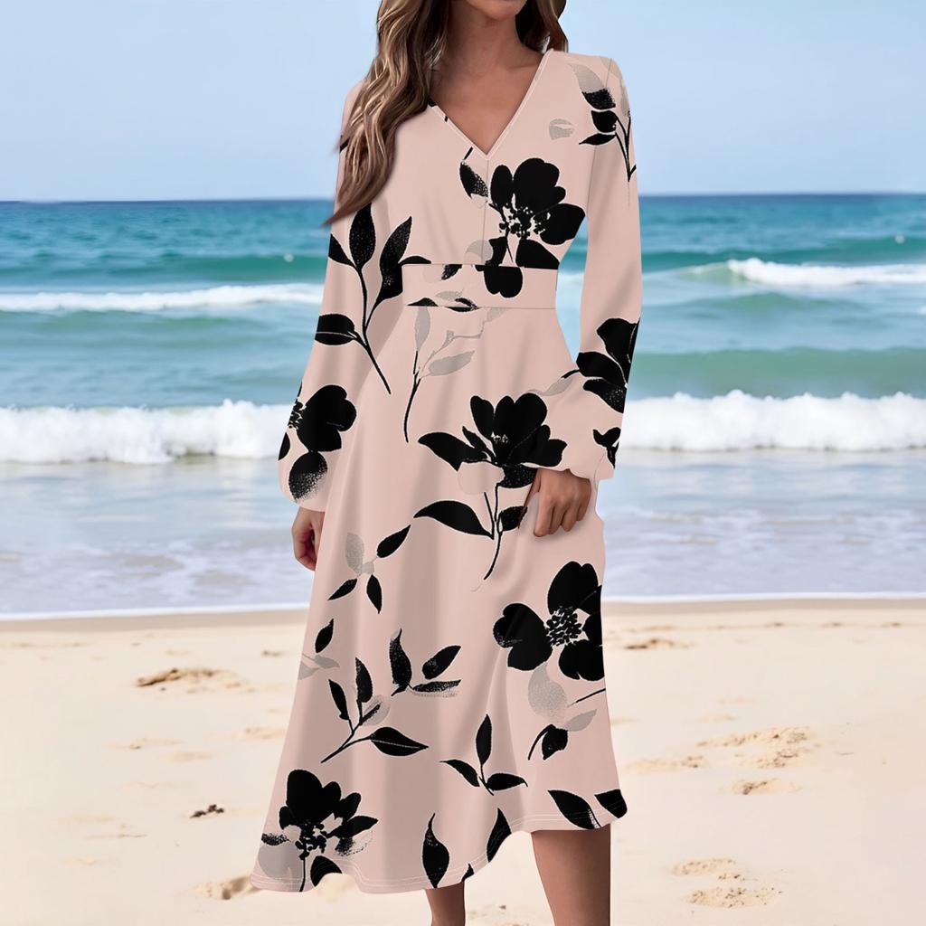 Women's Casual Fashion Floral Print V-neck Long Sleeve Waist Long Dress