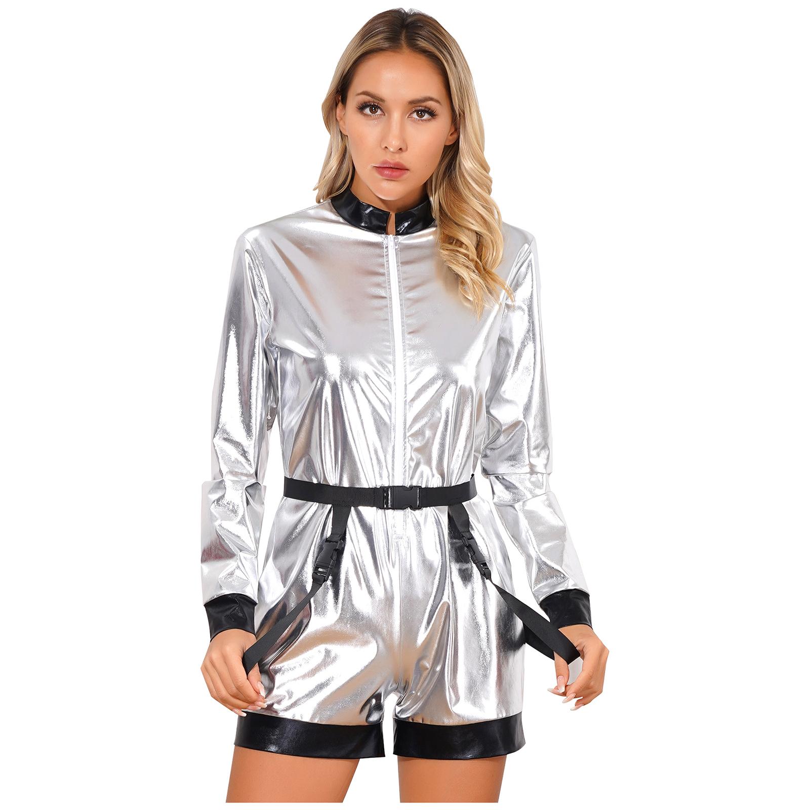 

Womens Metallic Shiny Astronaut Jumpsuit Waist Belt Front Zipper Boyshorts Bodysuit Dress Up Costume S срібний