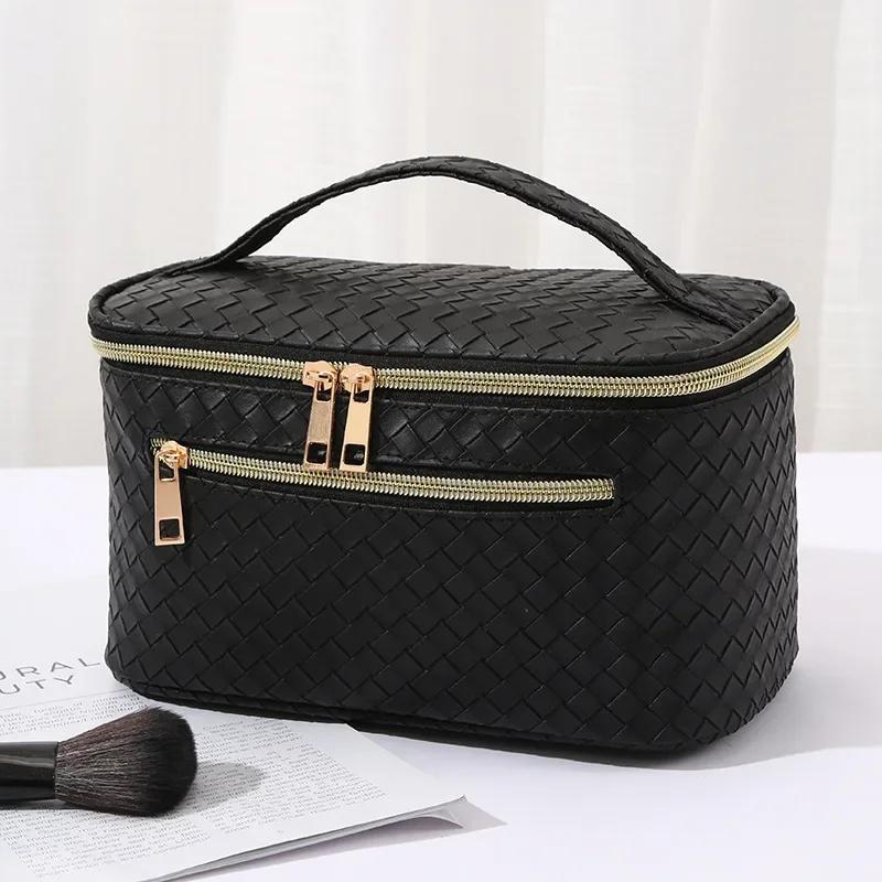 Organizadores de Maquillaje de Gran Capacidad Bolsa de Cosméticos de Cuero PU Organizador de Artículos de Aseo para Mujer Impermeable Estuche de Maquillaje de Almacenamiento a Cuadros Femenino