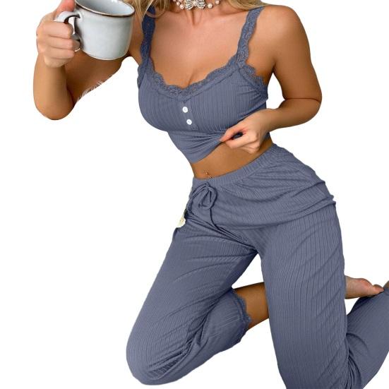 Dámský tílko 2dílný pyžamový set Sexy žebrovaný úplet s krajkovým lemováním Oblečení na spaní