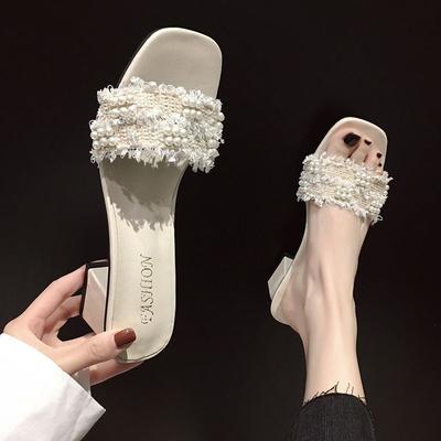 Sommer 2024 Weiße Kristalle Schuhe Strass Pantoletten Job Juwelen Damen Hausschuhe und Damen Sandalen Hoch Bis zu 5cm Absatz Sexy Schuh I