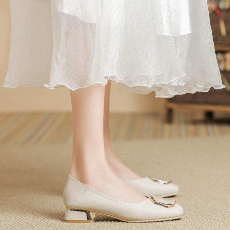 Low-heeled Work Professional Leather Shoes Flat-bottomed Shallow-mouth Thick-heeled Single Shoes Temperament All-match High-heeled Shoes