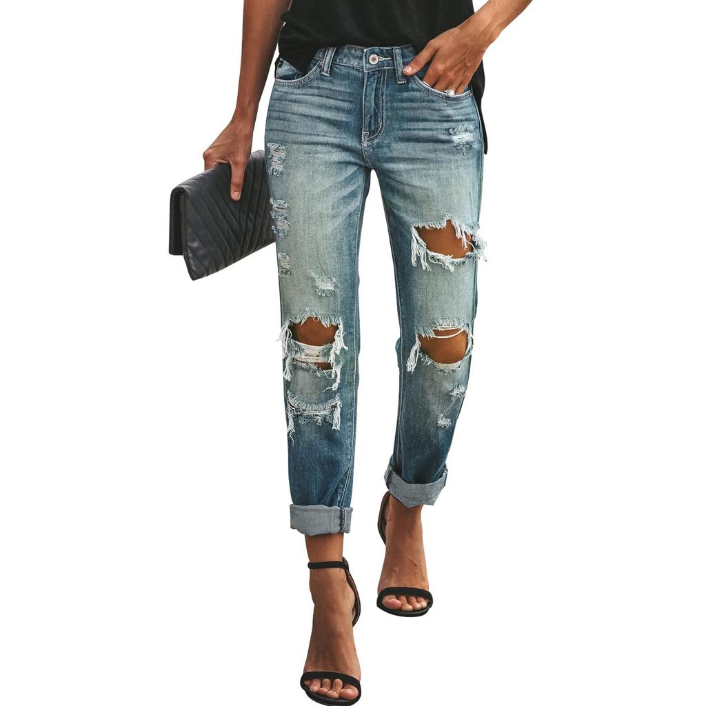 Ladies' Color Loose Casual Ripped Casual Jeans