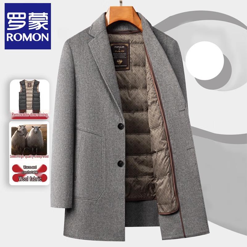 ROMON E Men's Mid-Length Wool Blend Overcoat with Down Liner