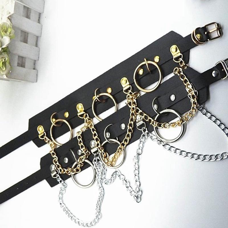 Women'S Fashion Punk Street Snap Nightclub Pu Leather Choker Metal Ring Chain Necklace Collar Rivets Goth Belt Adjustable Buckle Neck Accessories