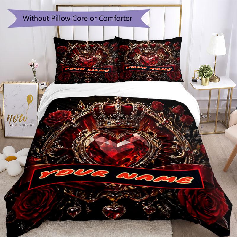 3PC Custom Name Royal Heart Crown Bedding Set Duvet Cover Closure Includes 1 Duvet Cover & 2 Pillowcases for Bedroom