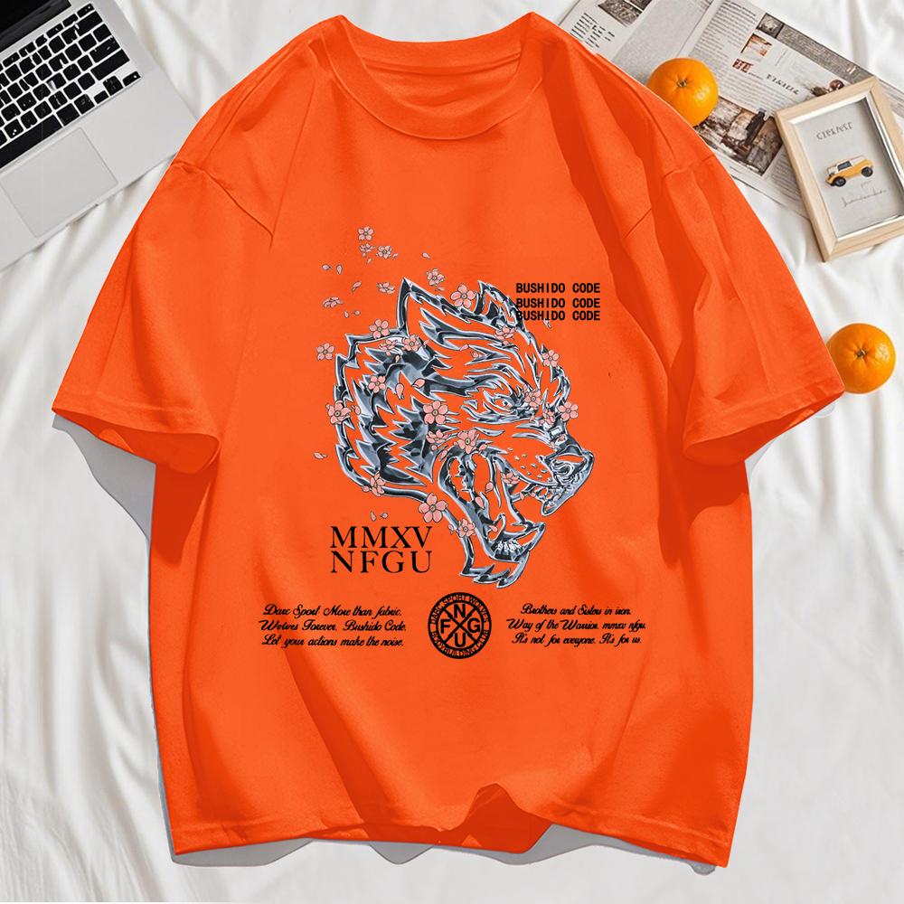 Line Draft Tiger Cherry Blossom Print Men T-Shirt Cotton Casual T Shirt Summer Loose Hip Hop Clothes