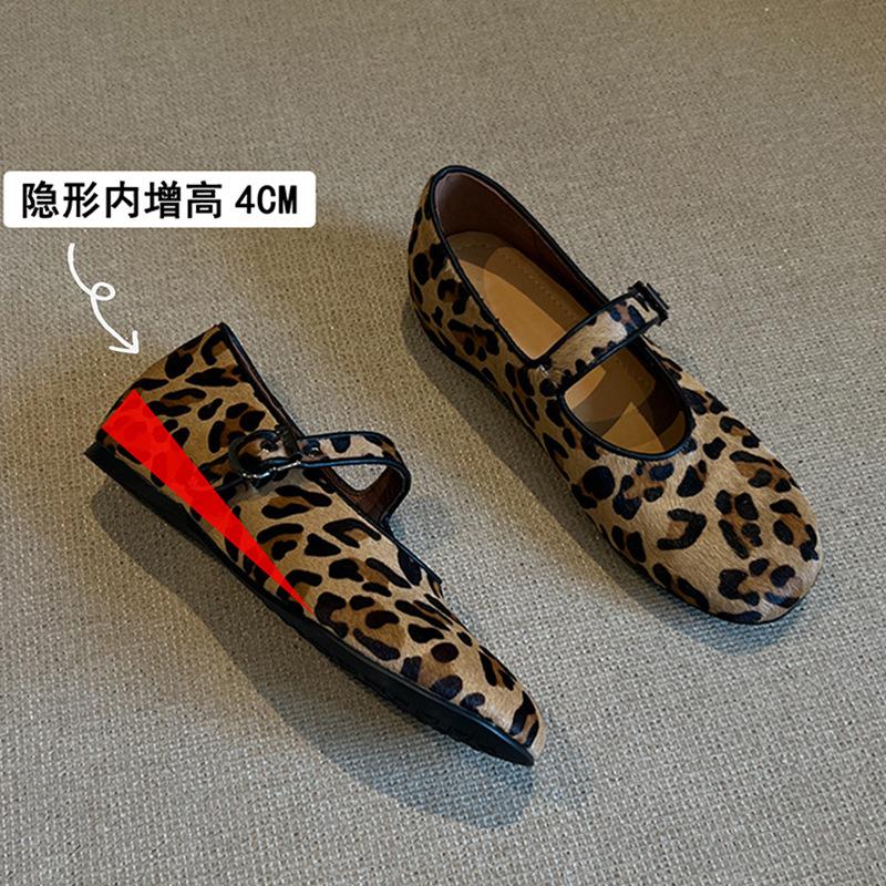 Sheepskin Version~ Popular Small Man Inner Height Increase 4CM Leopard Print Leather Word with Mary Jane Shoes Women's Flat Shoes