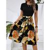 Women's Fashionable Retro Patterned Printing Color Blocked Belt Casual Dress