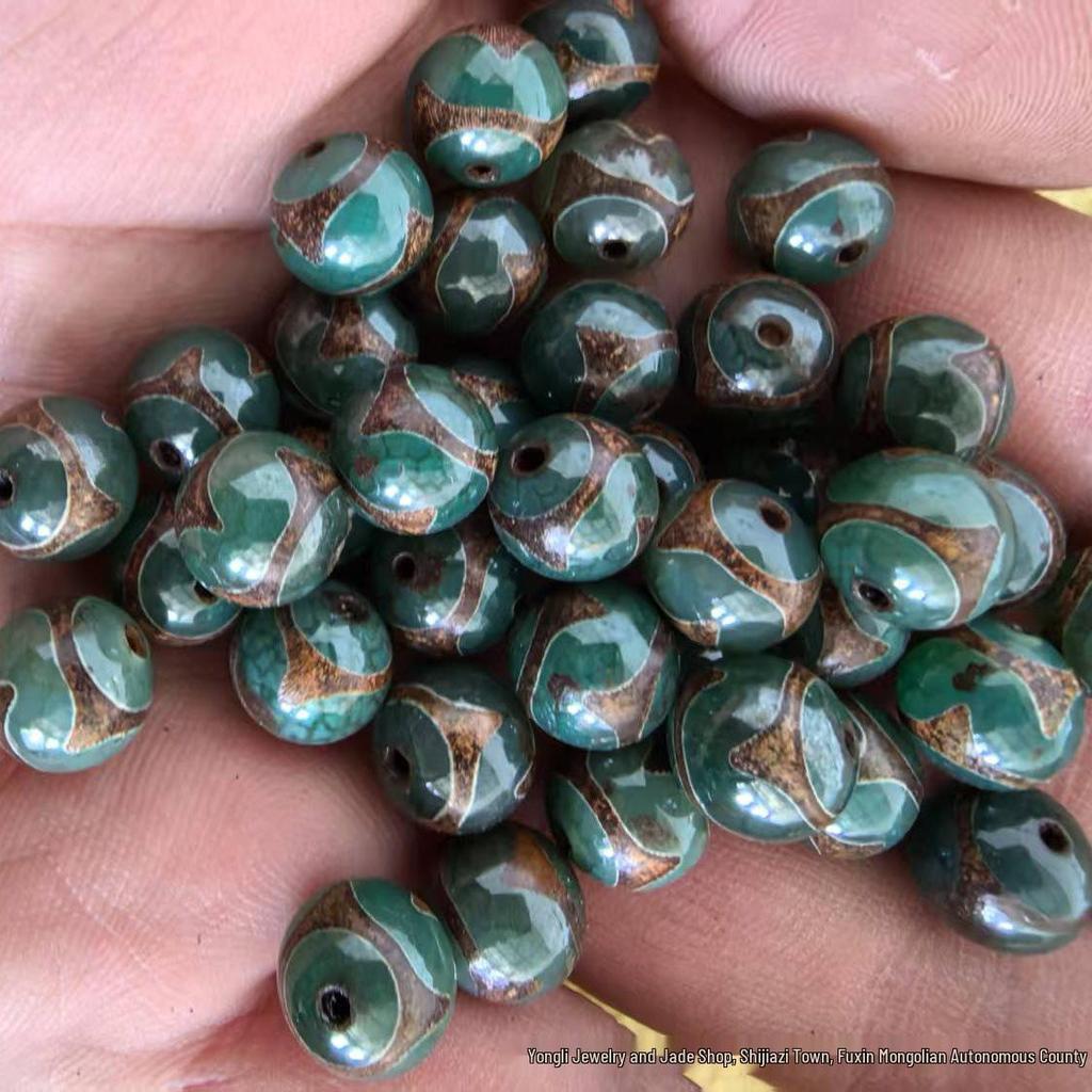 Natural 10mm Green Tiger Tooth Tibetan Dzi Agate Beads - Loose Accessories