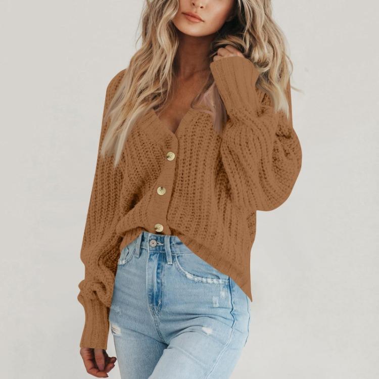 Loose V Neck Button Down Cardigan Women Solid Knitted Long Sleeve