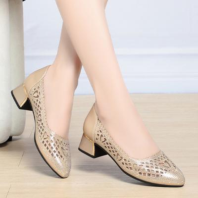 Fashion Breathable Rhinestone Cutout Mesh Shoes with Heels Summer 2024 Women's Round Head Soft Leather Sandals For Office Mom Wedding