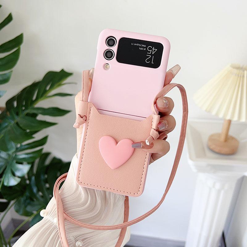 Crossbody Lanyard Necklace Strap 3D Love Case for Samsung Galaxy Z Flip 5 4 3 Flip5 Flip4 Flip3 5G Card Holder Leather Cover
