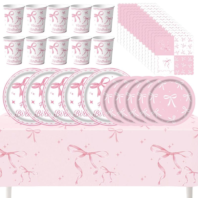 Bowknot Disposable Tableware Birthday  Party  Disposable  Plate Paper Cups Napkin for Baby Shower Wedding Party Decor
